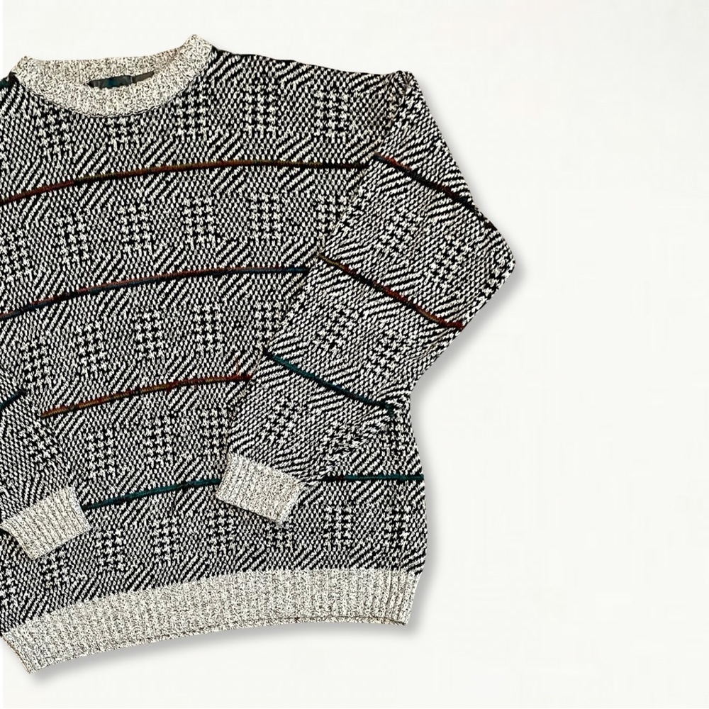 Vintage 90s Etchings Heavy Knit Crewneck Sweater Large Striped Optical Illusion - Picture 3 of 16